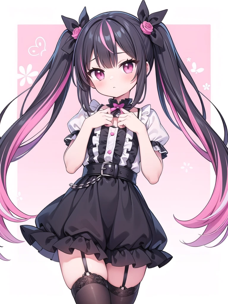 1girl, best quality, perfect hands, very long hair, multicolored hair, black hair, pink streaked hair, pink colored inner hair, black to pink gradient hair, black thighhighs, twintails, hair ribbon, bow, black thighhighs, black garter straps, jirai fashion, jirai kei, black lace up, pink ruffled shirt, zipper, black skirt, black neck ribbon, frills, frilled leg belt, hair ornament