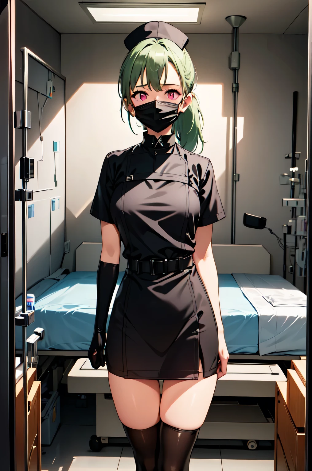 black nurse, 1girl, solo, black nurse cap, black nurse uniform, ((black legwear, zettai ryouiki)), black elbow gloves, ponytail, green hair, pink eyes, ((black surgical mask, covered nose)), standing, ((surgery room)), sharp outline, short sleeves, best quality, masterpiece