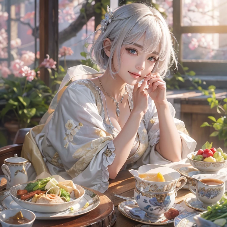 (masterpiece:1.3), (8k, Realistic, RAW Photos, Best image quality: 1.4), Fair-skinned fairy woman、short hair、Cleavage:2.0、Highly detailed face、Attention to detail、double eyelid、Sharp focus:1.2、Beautiful woman:1.4、Silvery white hair、highest quality、masterpiece、Ultra-high resolution、(Realistic:1.4)、Highly detailed and professionally lit smiles、Loose, Light,Japanese high 、 one person、whole body, I eat breakfast