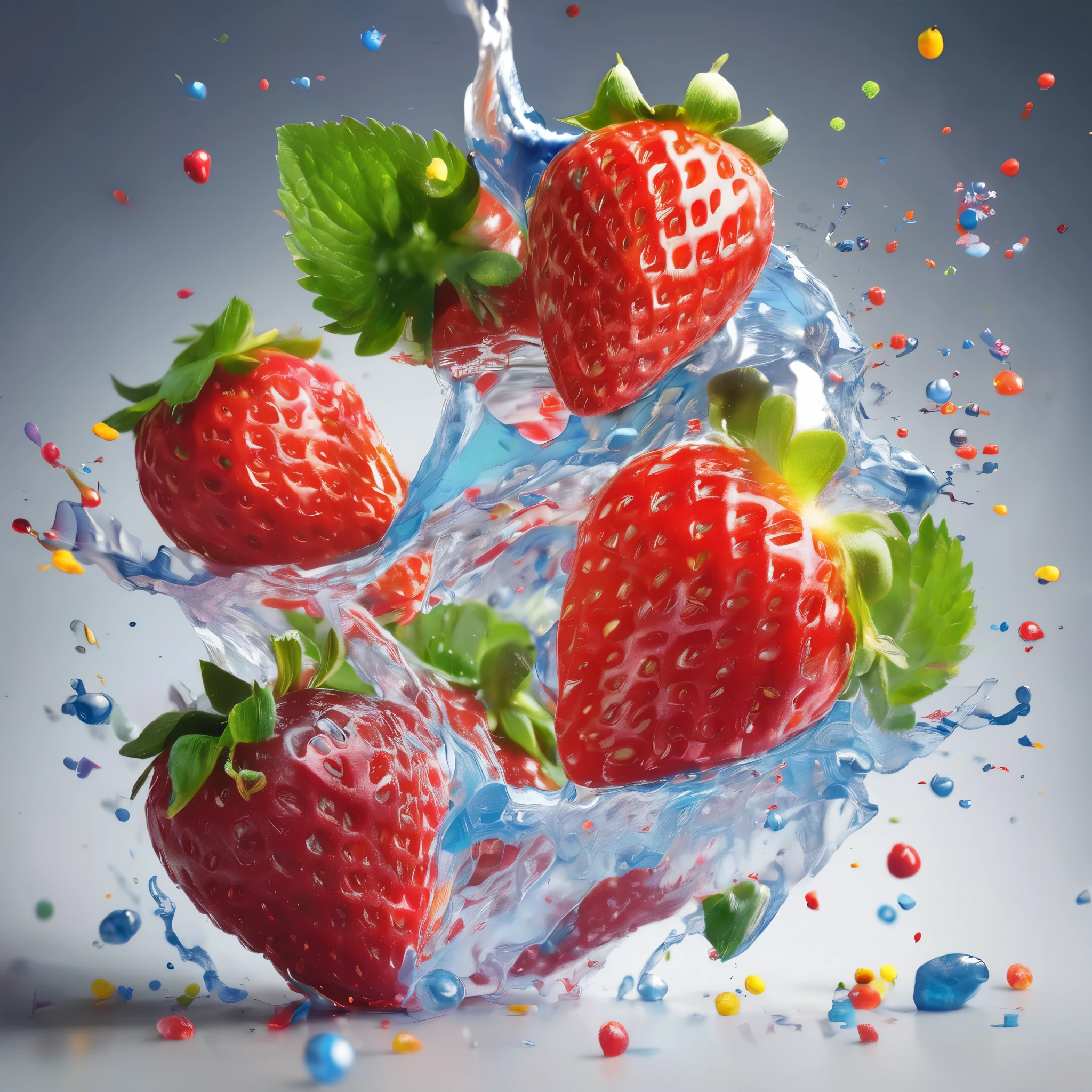 Perfect red strawberries covered in vibrant color splashes, high detail, still photography, frontal view,colorful, fruits, organic, mouth-watering, cinematic lighting, macro shot, shallow depth of field, CG render, 4k resolution