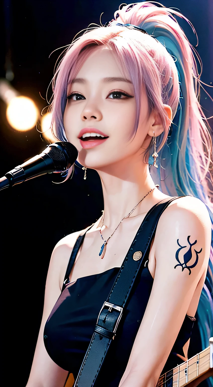 (masutepiece:1.3, Best Quality, Photorealistic, Ultra-detailed, Finely detailed, High resolution, 8K Wallpaper), 1 beautiful girl, Band Group Vocals, In a goth clothes with spikes, Singing a song on an electric guitar, Stand Microphone, Mouth open, Beautiful face, Detailed face, Beautiful eyes, Detailed eyes, Looks fun、Smiling, earrings, Necklace, Detailed guitar, (Straight guitar neck and strings), TWO ponytail long curly half pink and blue hair, on a stage, Spotlight, Look at the viewer、tattoos and piercings