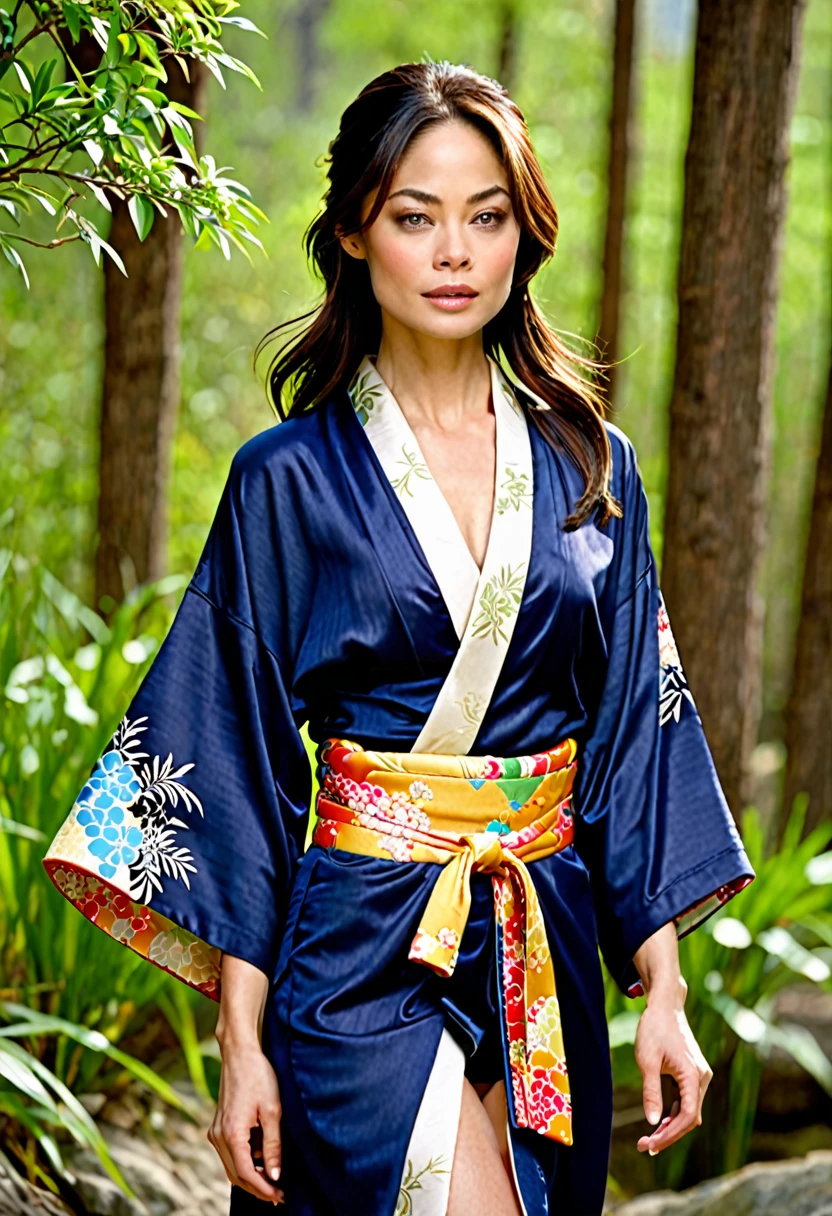 Kristin Kreuk, Athletic Physique, Toned Abs,((Top Quality, 8K, Masterpiece: 1.3)), Sharp Focus: 1.2, (Super Beautiful Face: 1.0), (Glossy Skin: 1.0), Realistic Photos, Black Hair, Realistic Pupils, Movie Lighting, Highly Detailed Eyes and Face, Movie Lighting, (Cowboy Shot: 1.0), (open kimono, bra and panties, hakama, obi: 1.15), (Cute Actress), in nature, classic kimono,