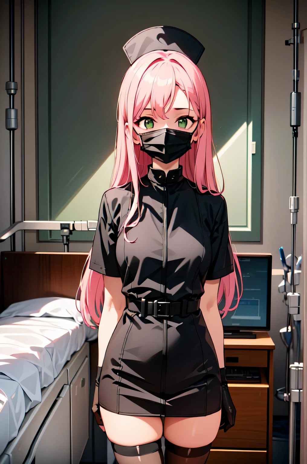 black nurse, 1girl, solo, black nurse cap, black nurse uniform, ((black legwear, zettai ryouiki)), black elbow gloves, pink hair, green eyes, drooping eyes, ((black surgical mask, covered nose)), standing, ((surgery room)), sharp outline, short sleeves, best quality, masterpiece