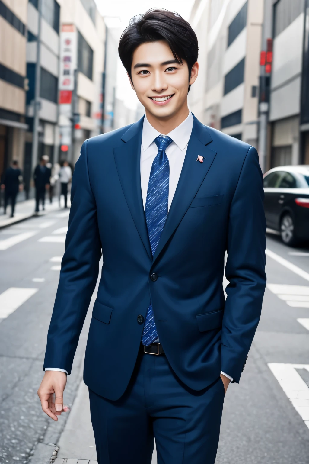 Japanese、Handsome man、30 years old、Happy young Japanese businessman president、Very attractive businessman, Elegant costumes and halls々Stand with arms folded and a smile、highest quality、masterpiece、Photo realistic、超A high resolution、The background is blurred、Big smile、Latest stylish suits 、Medium Hair、Super cool、Twink、Soft skin and a nice perfect face、8k、Surreal、