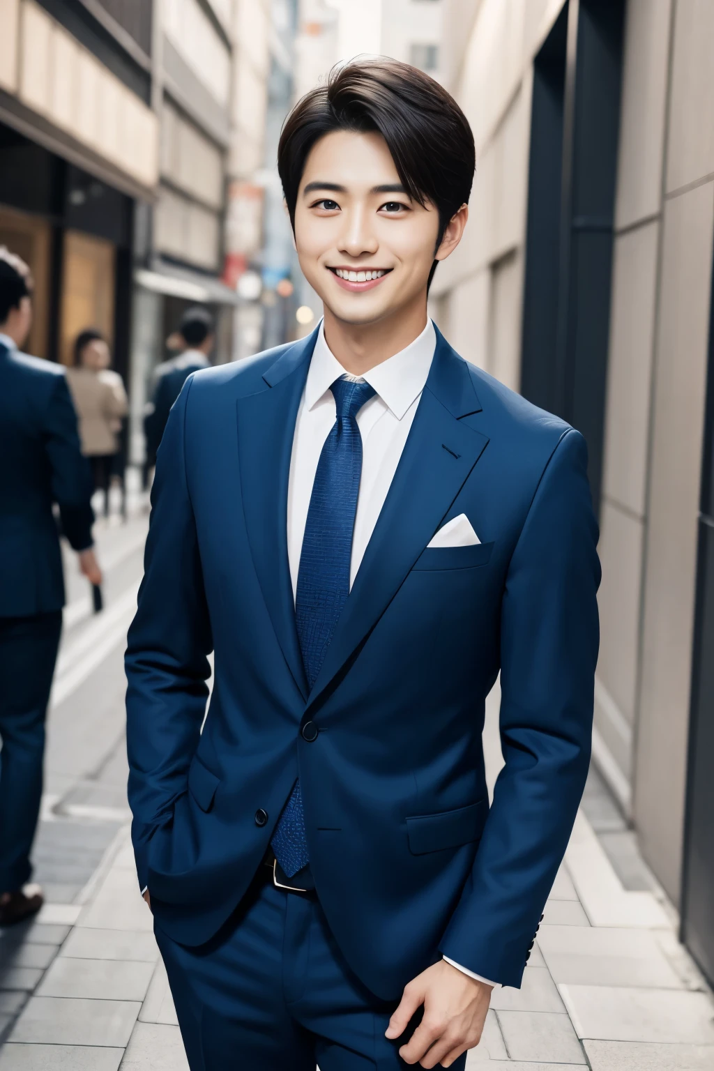 Japanese、Handsome man、30 years old、Happy young Japanese businessman president、Very attractive businessman, Elegant costumes and halls々Stand with arms folded and a smile、highest quality、masterpiece、Photo realistic、超A high resolution、The background is blurred、Big smile、Latest stylish suits 、Medium Hair、Super cool、Twink、Soft skin and a nice perfect face、8k、Surreal、