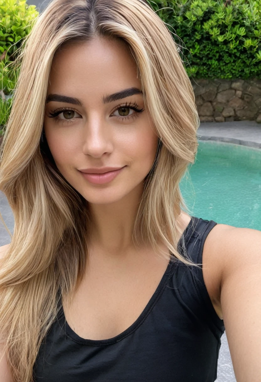 A 23-year-old blonde woman, ((pechos grandes)), ((hiperrealismo)) ,. blonde hair with light brown roots. cabello rubio, Hair with brown roots, cabello extra largo, cabello muy largo, really long hair, Beautiful, Front view, selfie, photo taken with iPhone, elegant black shirt with escote, escotada, selfie in the garden, high quality, selfie iPhone, Dressed in a fang top and basketball shorts