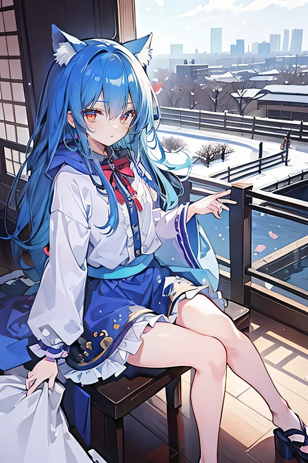 (masterpiece:1.2),Super detailed,lifelike,Expressive eyes,fair skin,perfect face shape,1 girl,
Japanese comics,Gorgeous blue hair,flowing blue hair,flowing clothes,Cat ears,Petals fall,beautiful lola,Baby Angel,
Cross your legs,Gentle and peaceful background,The pavilion is cool and comfortable,smile, wearing hoodie, background of tokyo,back views,snowing, winter.