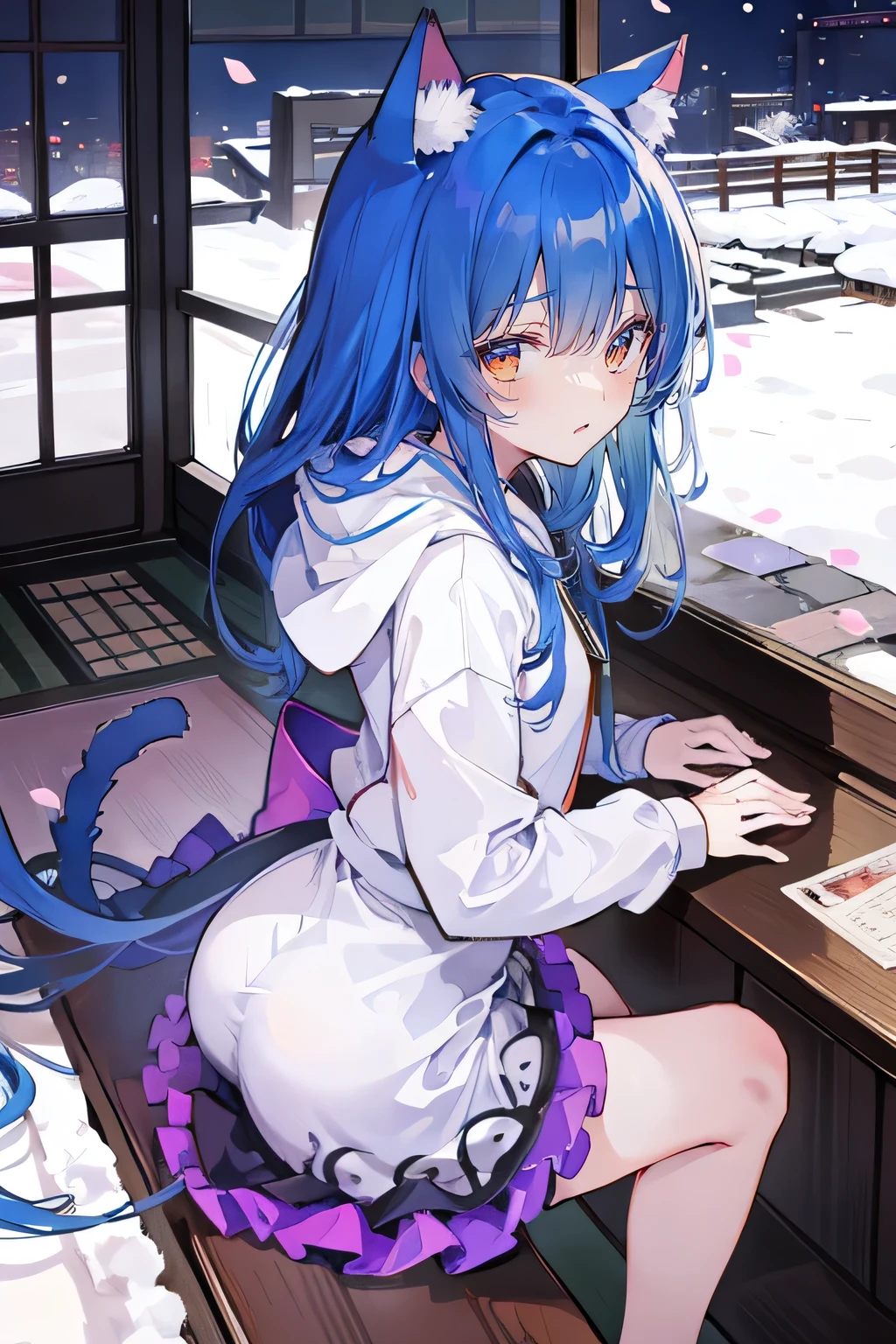 (masterpiece:1.2),Super detailed,lifelike,Expressive eyes,fair skin,perfect face shape,1 girl,
Japanese comics,Gorgeous blue hair,flowing blue hair,flowing clothes,Cat ears,Petals fall,beautiful lola,Baby Angel,
Cross your legs,Gentle and peaceful background,The pavilion is cool and comfortable,smile, wearing hoodie, background of tokyo,back views,snowing, winter.