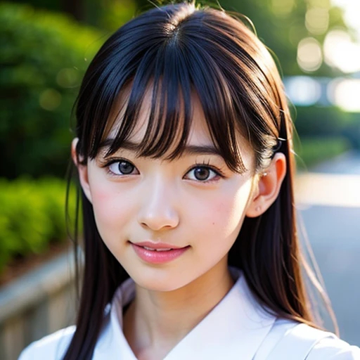 Cute 15 year old Japanese、On the road、Highly detailed face、Pay attention to the details、double eyelid、Beautiful thin nose、Sharp focus:1.2、Beautiful woman:1.4、Align your bangs、Pure white skin、highest quality、masterpiece、Ultra-high resolution、(Realistic:1.4)、Highly detailed and professional lighting、nice smile、Japanese school girl uniform、