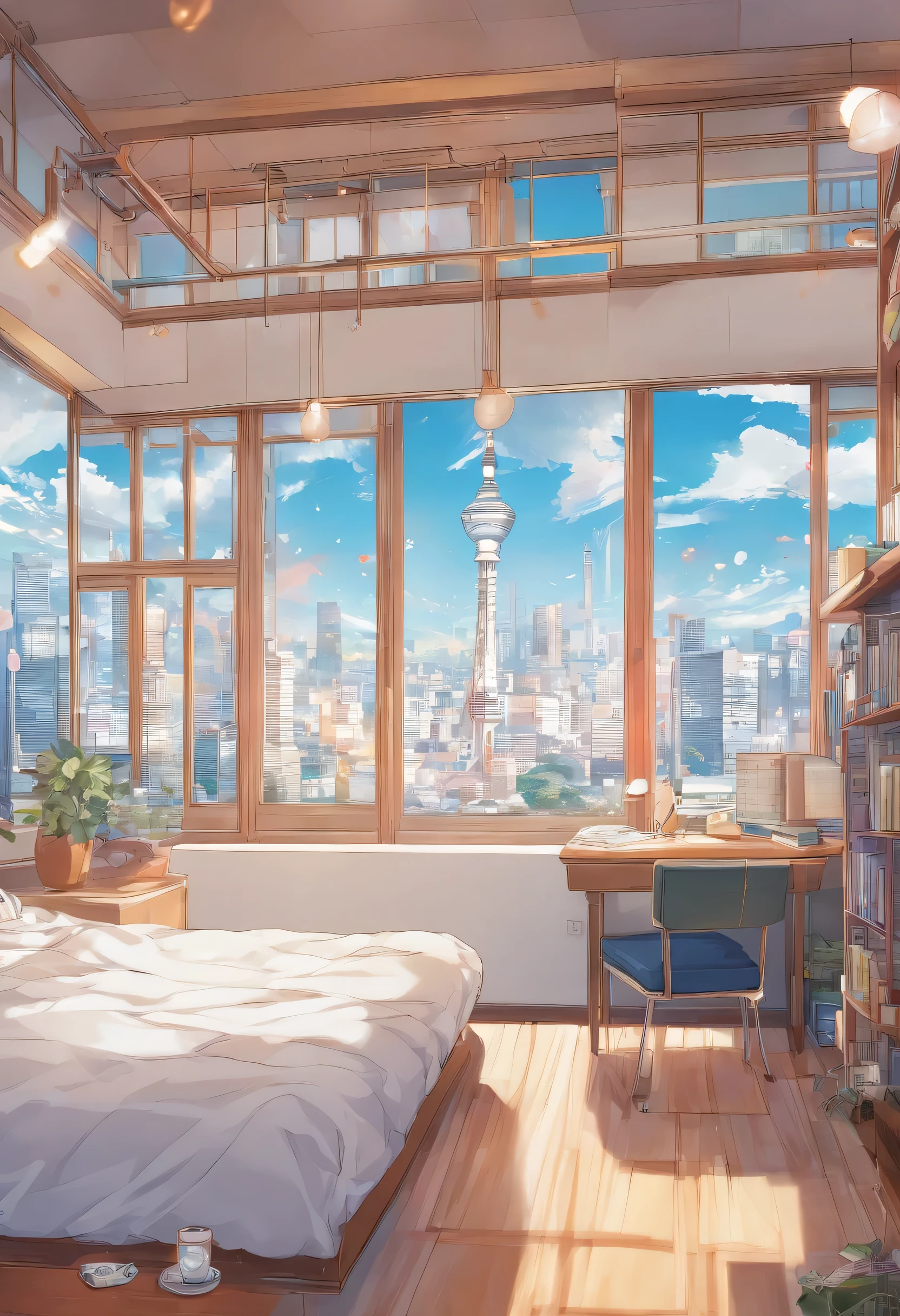(masterpiece:1.2), highest quality,Pixiv,Pleasant animation scenes,
scenery, cityscape, city, nullscraper, building, window, cloud, null, food, indoor, computer, Book, bed, table, clock, pillow, No humans, Chair, cake, monitor, cup, dish, nullline, Lie in