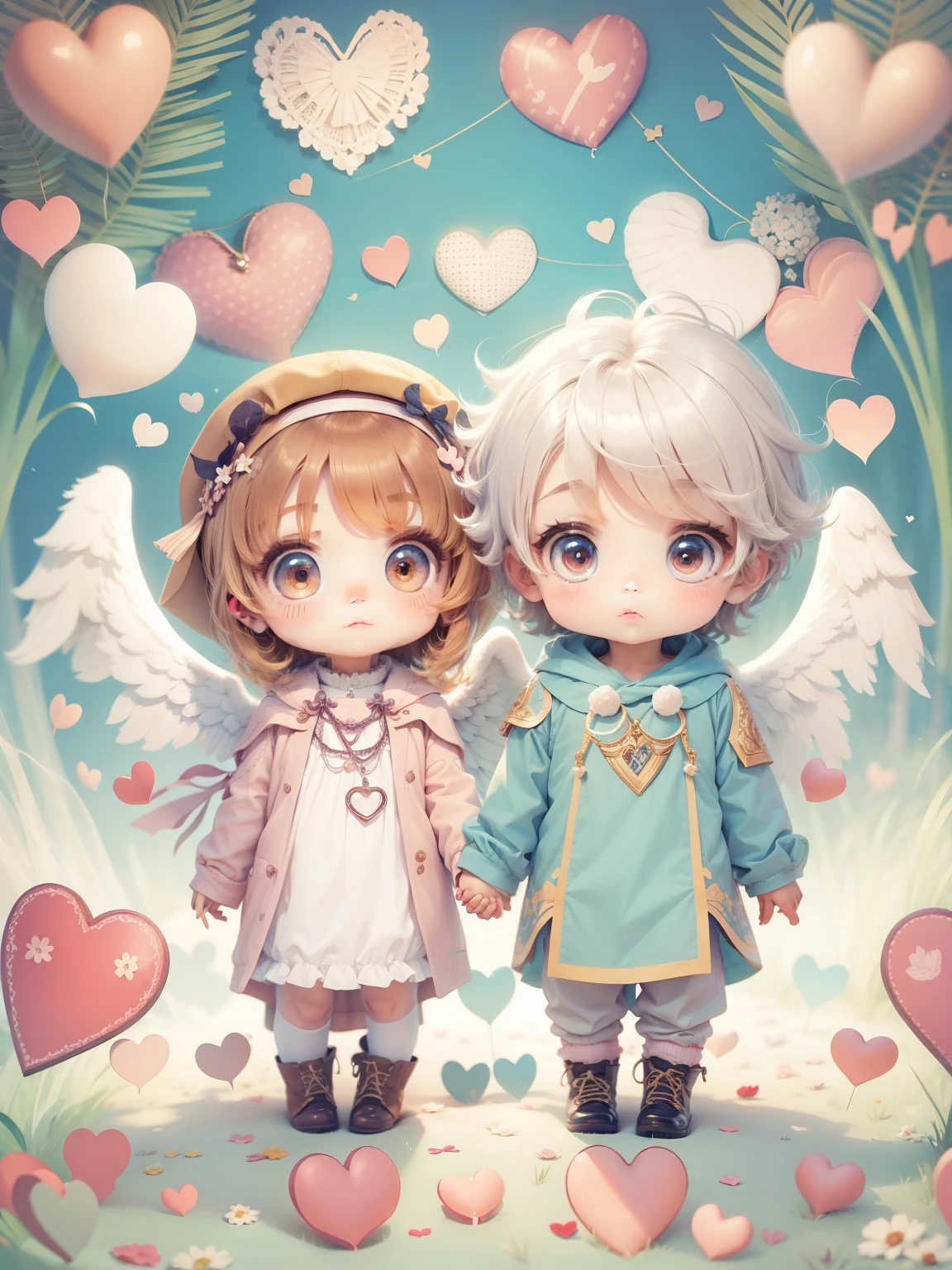 Cute angel boy and cute angel boy、Two people holding hands、Lots of hearts