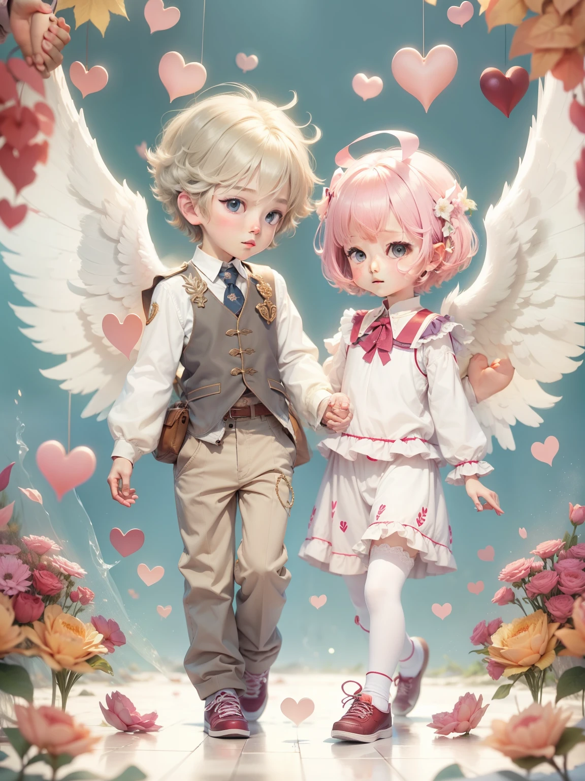 Cute angel boy and cute angel boy、Two people holding hands、Lots of hearts