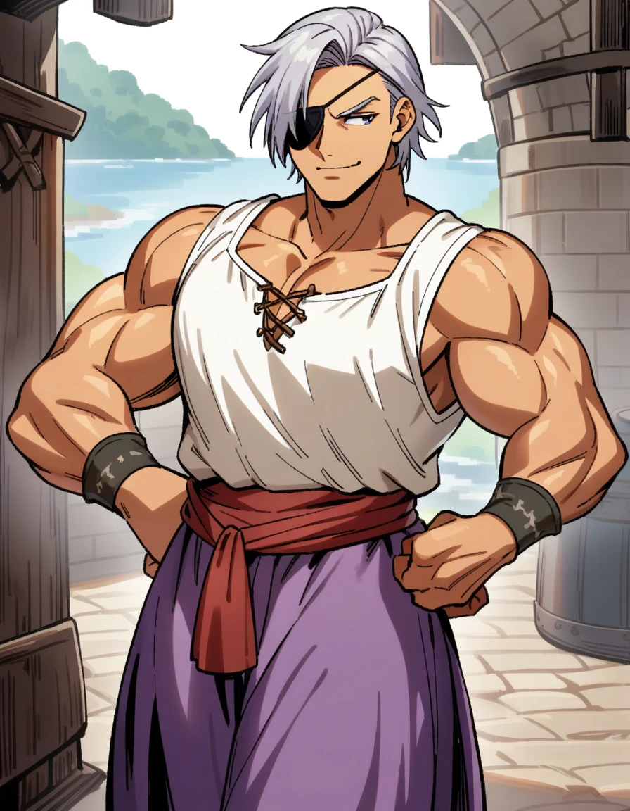 1man, muscular mature, pirate, green headscarf, gray hair, headscarf with asymmetrical bangs, blue 1eye, black eyepatch, short hair, tanned skin, tough, ordinary, forehead, asymmetrical medium bangs, ugly, BREAK solo, red waist cloth, purple arabian pants, white sleeveless shirt, loose fitting shirt, tented shirt, medieval, soft smile, in jrpg style, 1990s, masterpiece, best quality