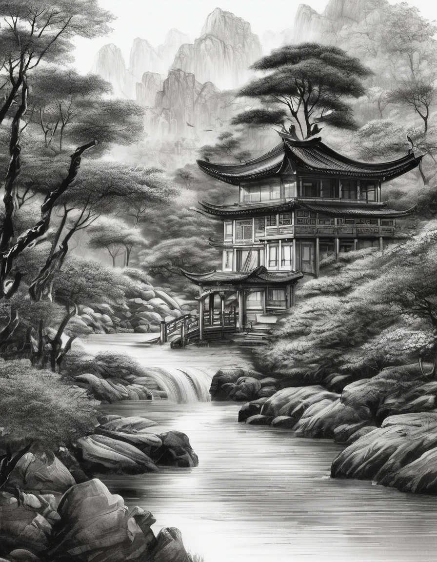 (Landscape painting in Chinese boundary painting art style), meticulous,Chinese Ink Painting,bamboo,
,Line Art, Black and White, 简单的Black and White画,Chinese ancient style,beautiful Line Art, Black and White漫畫風格, Comic art style, Black and white coloring its beautiful ink Line Art,
