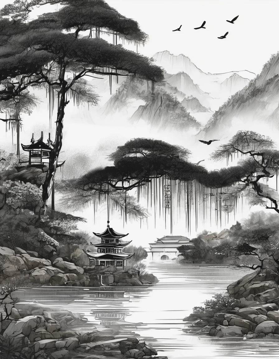 (Landscape painting in Chinese boundary painting art style), meticulous,Chinese Ink Painting,bamboo,
,Line Art, Black and White, 简单的Black and White画,Chinese ancient style,beautiful Line Art, Black and White漫畫風格, Comic art style, Black and white coloring its beautiful ink Line Art,