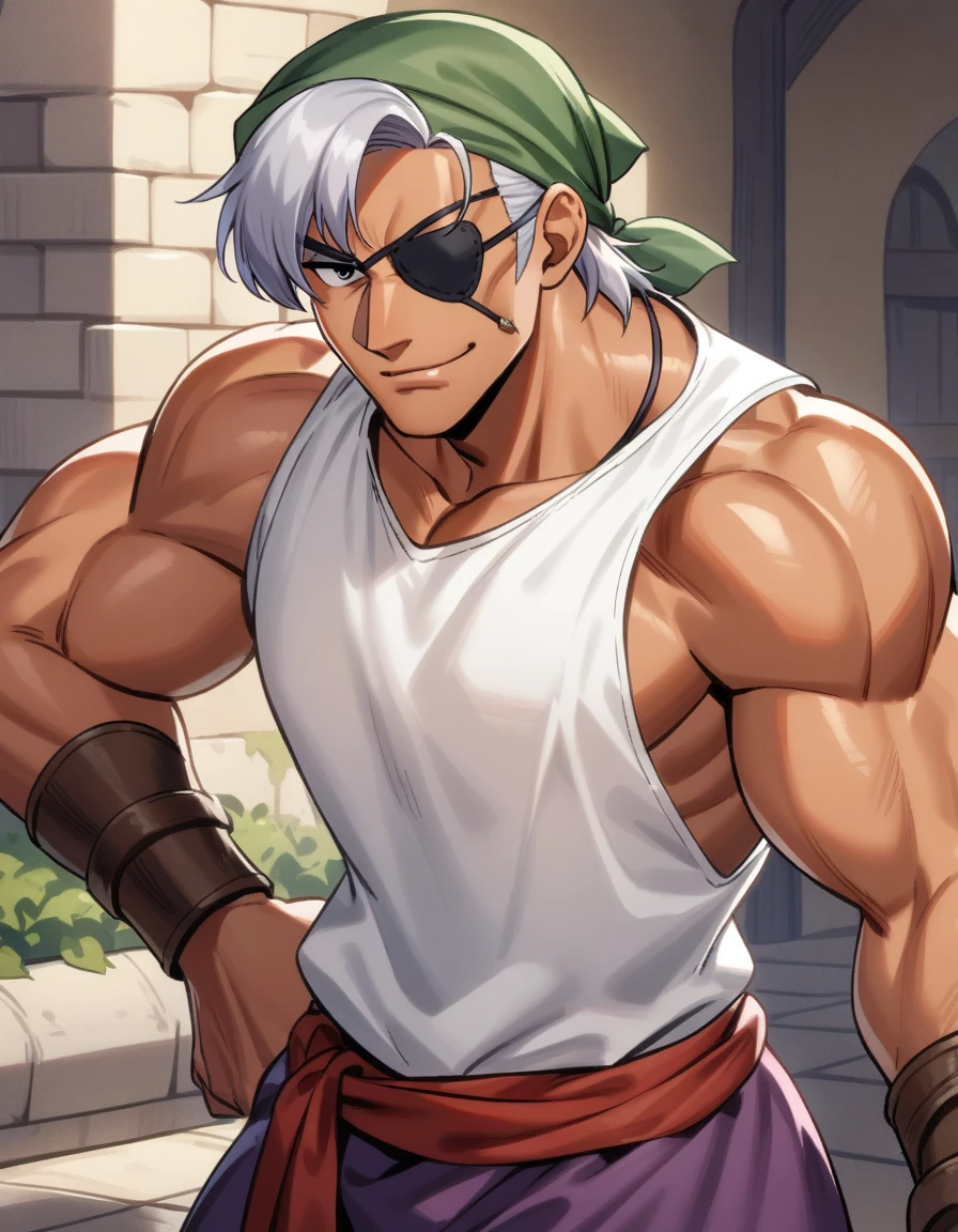 1man, muscular mature, pirate, green headscarf, gray hair, headscarf with asymmetrical bangs, blue 1eye, black eyepatch, short hair, tanned skin, tough, ordinary, forehead, asymmetrical medium bangs, ugly, BREAK solo, red waist cloth, purple arabian pants, white sleeveless shirt, loose fitting shirt, tented shirt, medieval, soft smile, in jrpg style, 1990s, masterpiece, best quality