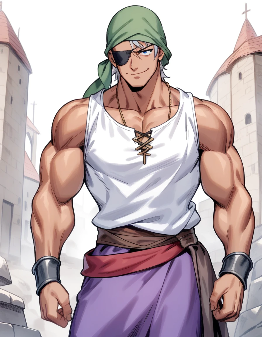 1man, muscular mature, pirate, green headscarf, gray hair, headscarf with asymmetrical bangs, blue 1eye, black eyepatch, short hair, tanned skin, tough, ordinary, forehead, asymmetrical medium bangs, ugly, BREAK solo, red waist cloth, purple arabian pants, white sleeveless shirt, loose fitting shirt, tented shirt, medieval, soft smile, in jrpg style, 1990s, masterpiece, best quality