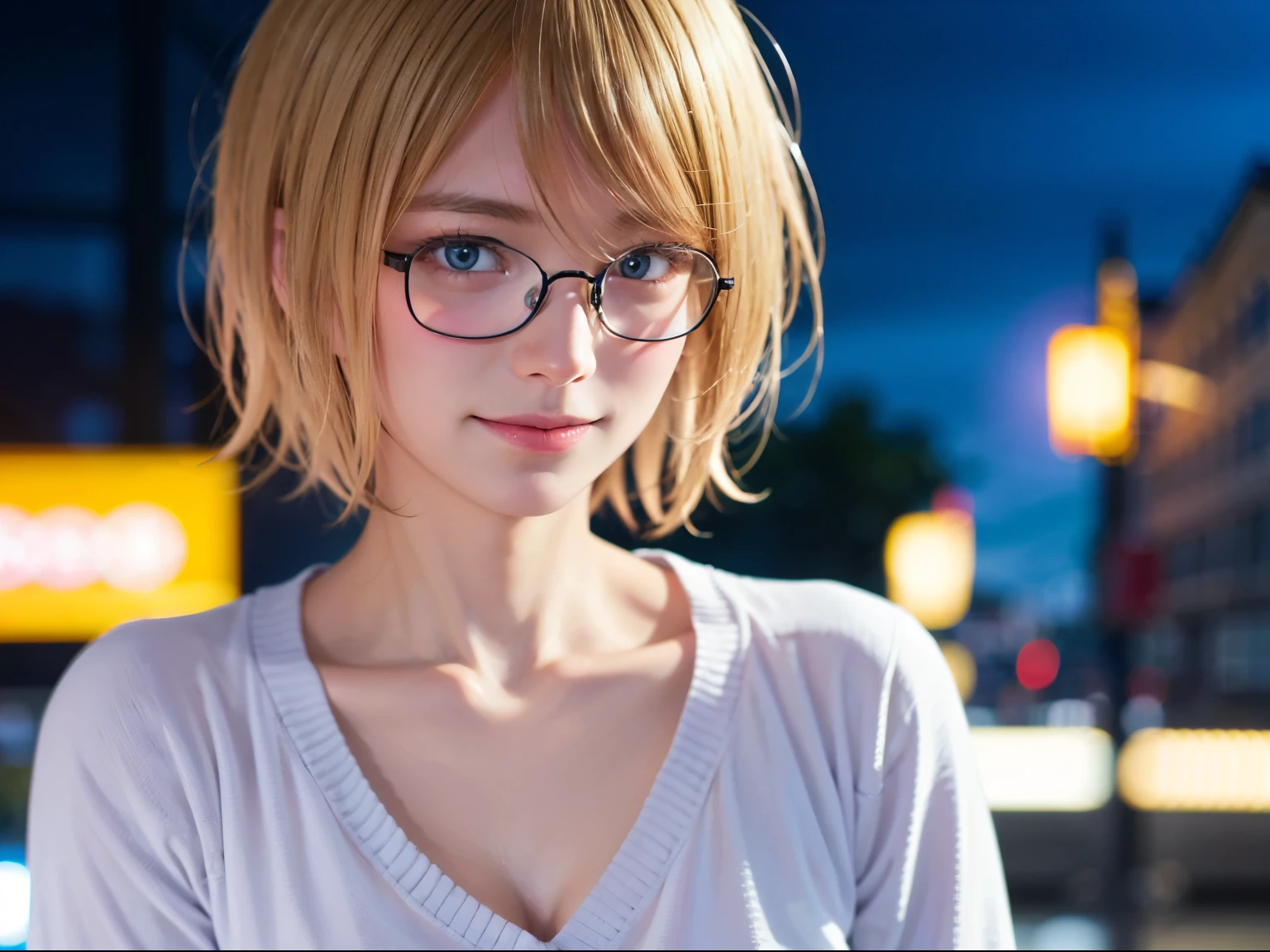 Japanese girl in casual clothes、Observe the audience、Tokyo cityscape at night、(highest quality、masterpiece)))、HD Fine、Very detailed、masterpiece、Cinema Lighting、(8k、highest quality、masterpiece:1.2)、(Realistic、Realistic:1.37) High resolution、Super detailed、Woman wearing glasses、A look of silence、Round Glasses、Asian, cute, cute顔, alone,Blonde Short Hair 1.2, Textured skin, Beautiful smile, Beautifully detailed night sky, Night view, Cinema Lighting, Written boundary depth, Lens flare light、date、(Blushing your nose)、、(Mouth closed)Small breasts、A beautiful eye for detail、(sweater:1.1)、(Blonde Short Hair:1.2)、Floating Hair Nova Frog Style、