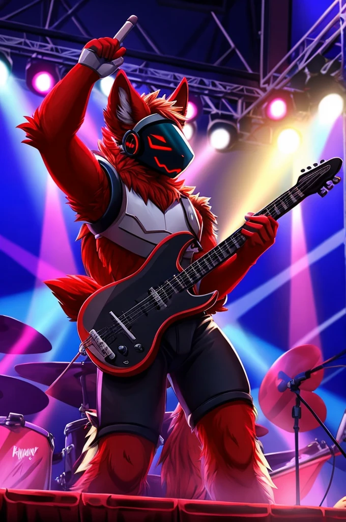 A red furred protogen holding microphone, on stage, people cheering, guitarist and drummer in background