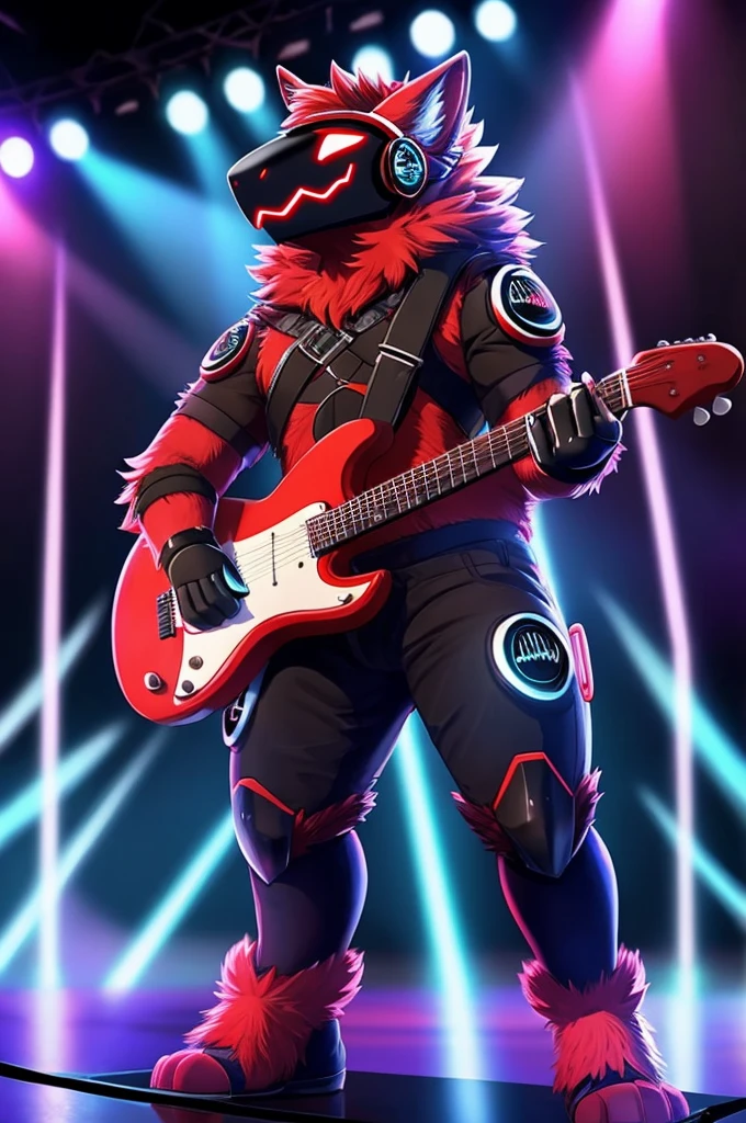 A red furred protogen holding microphone, on stage, people cheering, guitarist and drummer in background