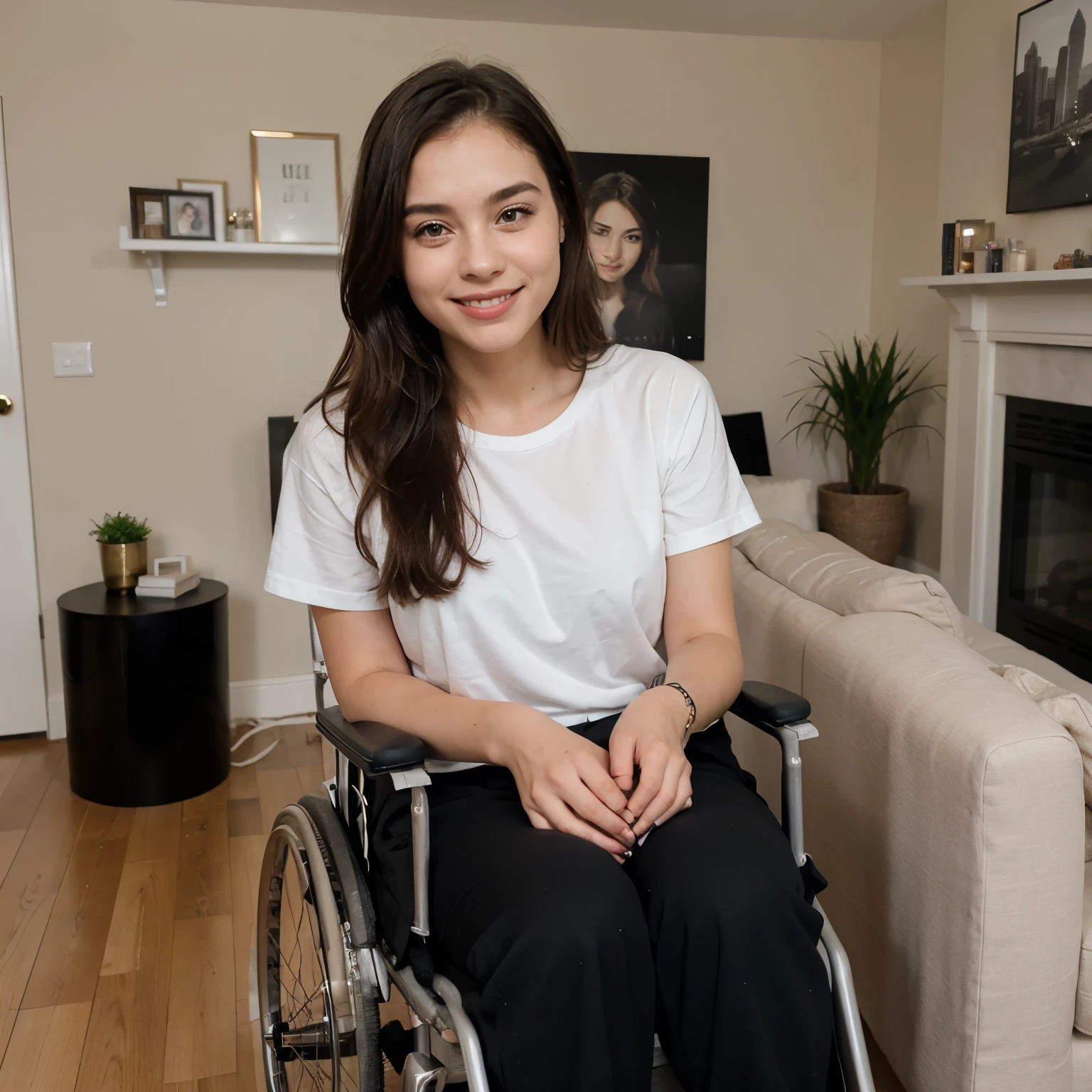 "A 22-year-old, cute woman with a disability, sitting in a wheelchair at home. She has a bright, cheerful smile, with expressive eyes and long, flowing hair. She is wearing a black shirt and black pants, which complement her youthful and vibrant personality. The home setting is cozy and well-decorated, with a sofa, a coffee table, and shelves with books and personal items in the background, creating a warm and inviting atmosphere."