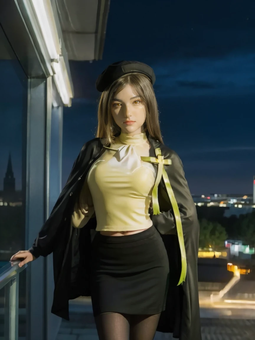 (1 lady), (Best quality at best:1.4), (ultra - detailed), (extremely detailed CG unified 16k), A Beautiful Woman with Perfect Figure: 1.4, Sharp Focus: 1.2, very detailed, High-definition RAW color photo, professional photoshooting, amazing face and eyes, cosmetics, (amazingly beautiful girl), ((Miyo)), ((ascot, uniform, black skirt, cross, ribbon, emerald, beret, cape, pantyhose)), standing, sexyposture,(Dark and stylish huge gothic cathedral from outside, city lights at night, city lights:1.3), realistic cinematic face, head to feet long wide zoomed out view, full body long view, photorealistic, ((realistic natural gold blonde hair style, yellow honey eyes, long hair)), gorgeous, extremely beautiful face, perfect model beauty, pout mouth, Highly Detailed Face and Skin Texture, Detailed Eyes, Double Eyelids, Natural Big Breasts, Smile, cleavages, western, (masterpiece), best quality, high resolution, extremely detailed, blurred background, depth of field, cinematic lighting, amazing legs, high heels, clear and well-cared skin,