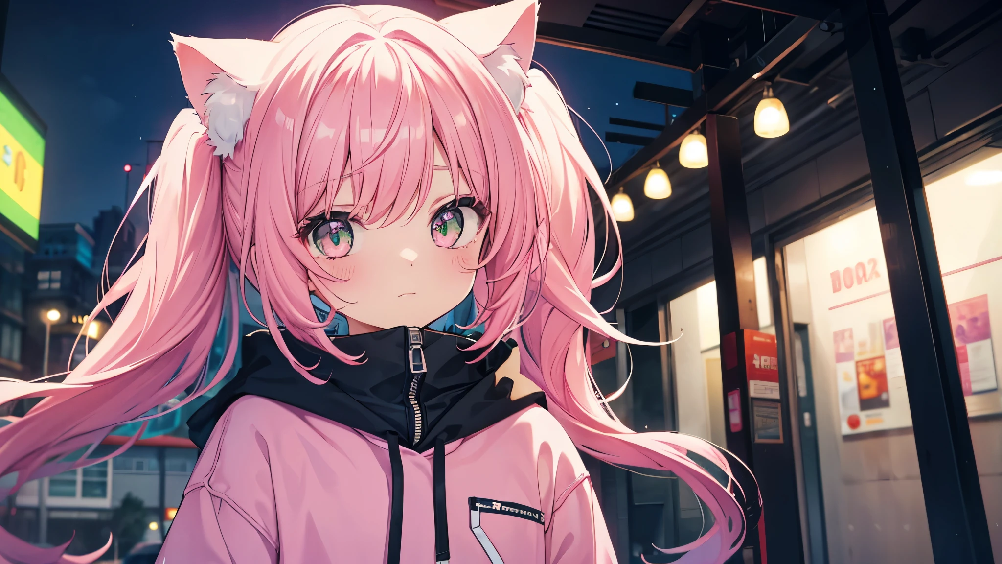 cute girl , two pigtail hair, pink hair, green eye, pink hoodie, cat ear