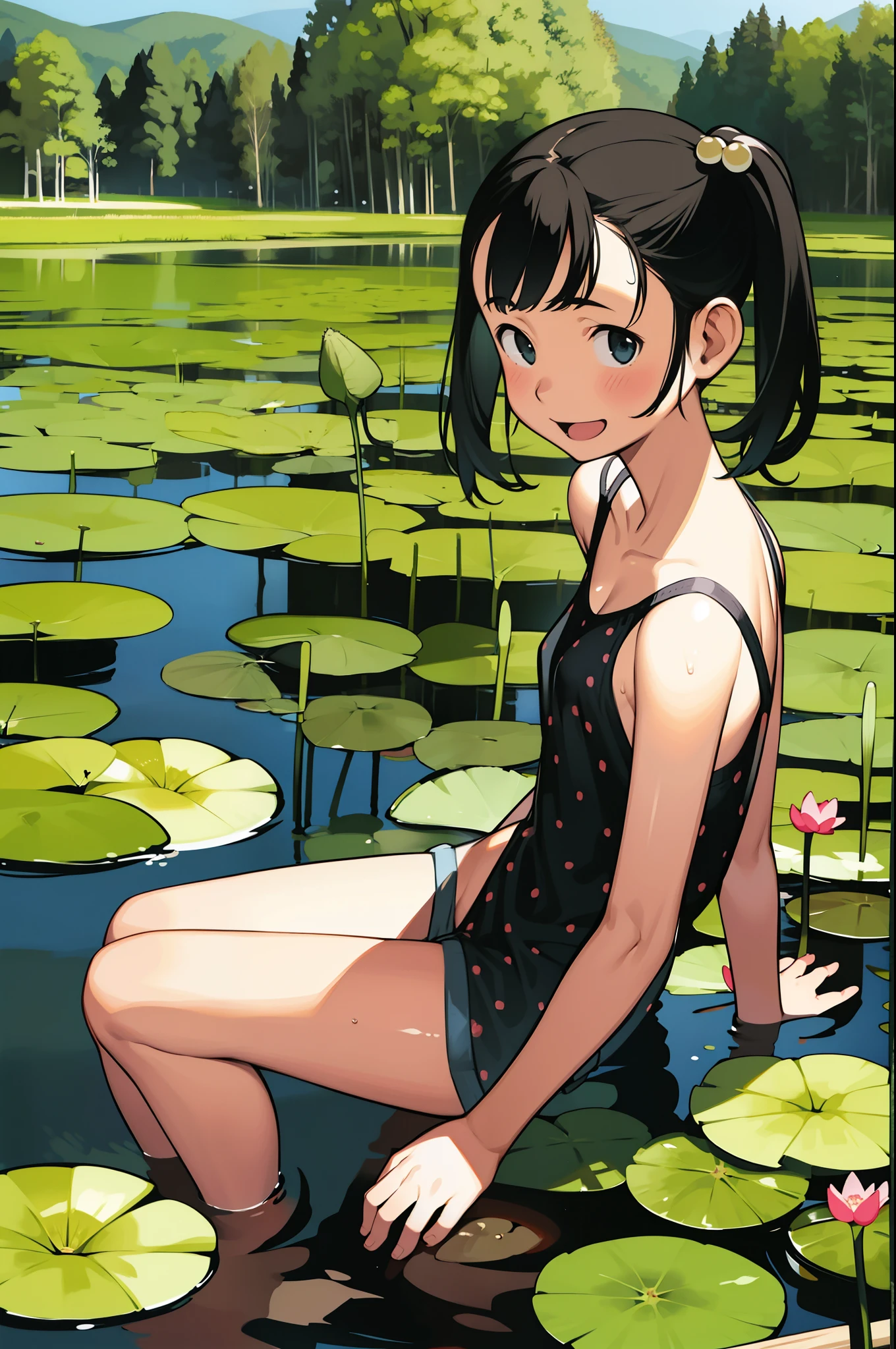 (masterpiece, best quality:1.2), nsfw, (1girl, solo), (outdoors, nature, summer vacation), (pond, swamp, water, wading, aquatic plants, lotus leaves), (black short hair, twintails, hair bobbles), (camisole, bare shoulder, polka dot), (shorts, short skirt), sandals, (smile, open mouth:1.1), dappled sunlight