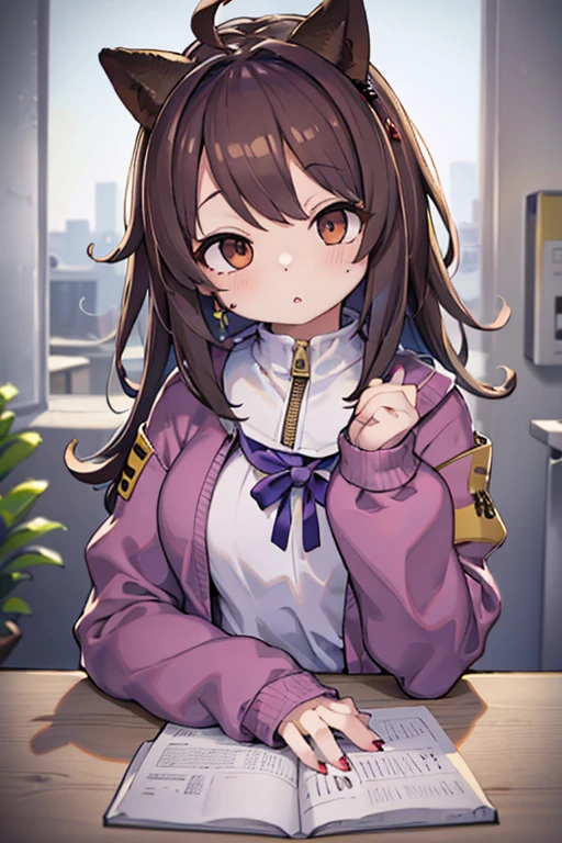 two,, , One Girl, Ahoge, bangs, 黒いskirt, 黒いsweater, Blue Claws, Blurred, Blurred background, chest, Brown eyes, Brown Hair, 茶色のJacket, Mouth closed, Repaired, Day, Depth of written boundary, Earrings, eyelash, Raise your hand, Tilt your head, Jacket, jewelry, Long Hair, Long sleeve, View Viewer, medium chest, Manicure, Open your clothes, オープンJacket, Outdoor, Pursed lips, Tucked in shirt, Side Lock, skirt, Sleeves are longer than the wrist, alone, sweater, Upper Body, zipper, , , ((Tabletop)), ,