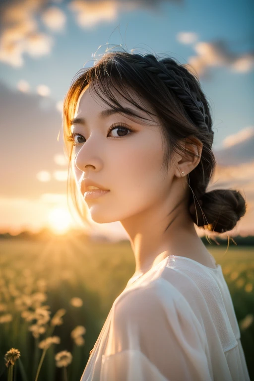 Japanese beautiful girl, ((Fisheye Lens, )) Wind, sunset, Wheat field、, (Aesthetics and atmosphere:1.2),笑顔の美しいwoman、8k、Ultra HD、woman1人((highest quality, 8K, masterpiece: 1.3)), woman (Wearing a white dress), Dancing,Sharp focus: 1.2, cute woman: 1.4, (((Random hairstyle)), Highly detailed face、skin、Hair Texture, detailed eyes, double eyelid, 白いskin, Beautiful and delicate nose, かわいい若い日本のwoman, 28 years old, At a dynamic angle, Pleasant to the eye、Thought-provoking composition, Emphasize the subject&#39;s hair,  Words and actions, The muted tones and contrast of light and shadow create a melancholic feeling.,