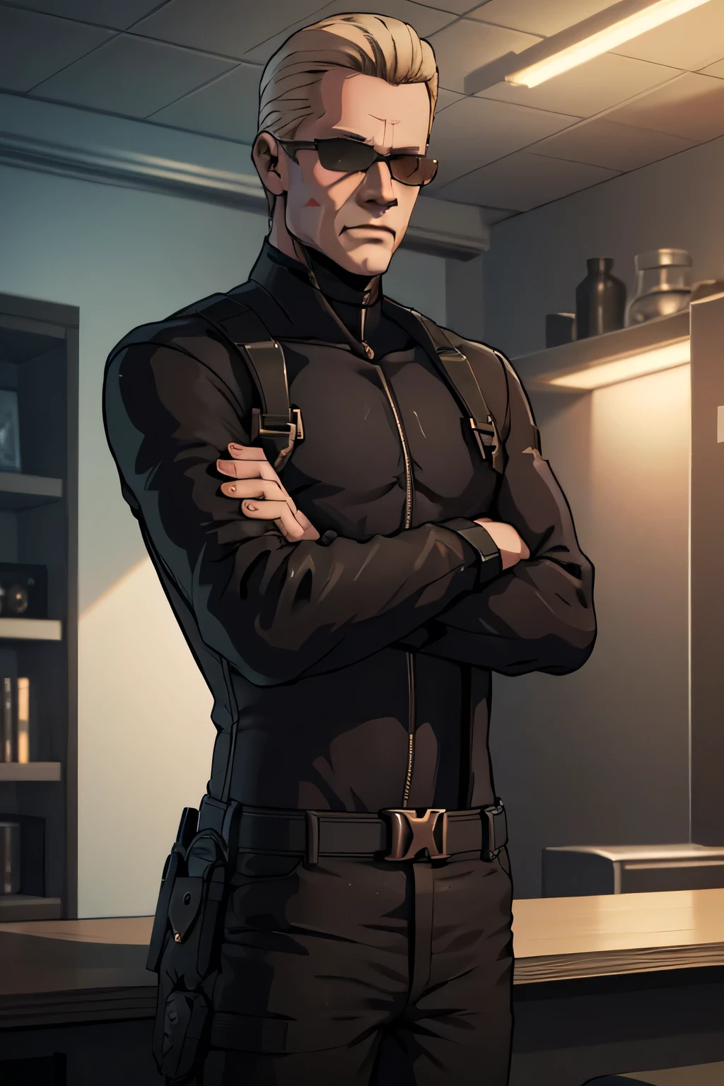 (masterpiece, best quality:1.2),  albertwesker, old, solo, shirt, 1boy, black linen shirt, holsters, sunglasses, indoors lab, crossed arms, leaning back,