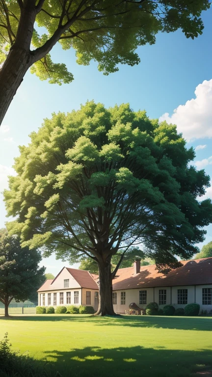 School ground at sunny summer day with big tree standing at side and can see school building. Countryside vibe. Chilling. Relaxing.