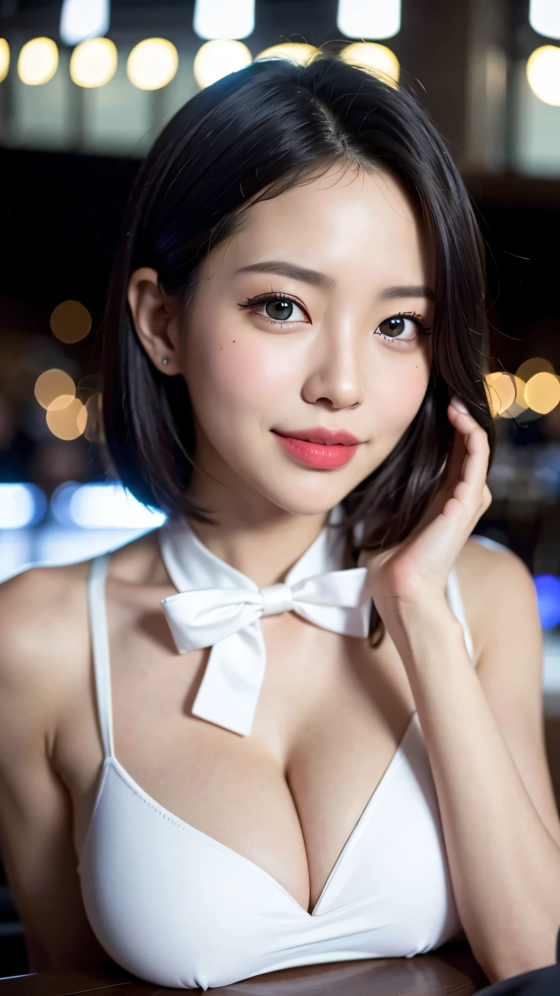 (8k, RAW photo, best quality, masterpiece:1.2), (realistic, photo-realistic:1.37), ultra-detailed,
1 girl,cute, solo,beautiful detailed sky,detailed cafe,night,sitting,dating,(nose blush),(smile:1.1),(closed mouth),large breasts, seductive smile, large aparture, professional lighting, Sony A7R4, Zessie 50mm F1.8,,fold your arms behind head:1.5,mole under eye:1.2
medium breasts,beautiful detailed eyes,(white sexy dress:1.1), bowtie,pleated skirt,(short hair:1.2),floating hair