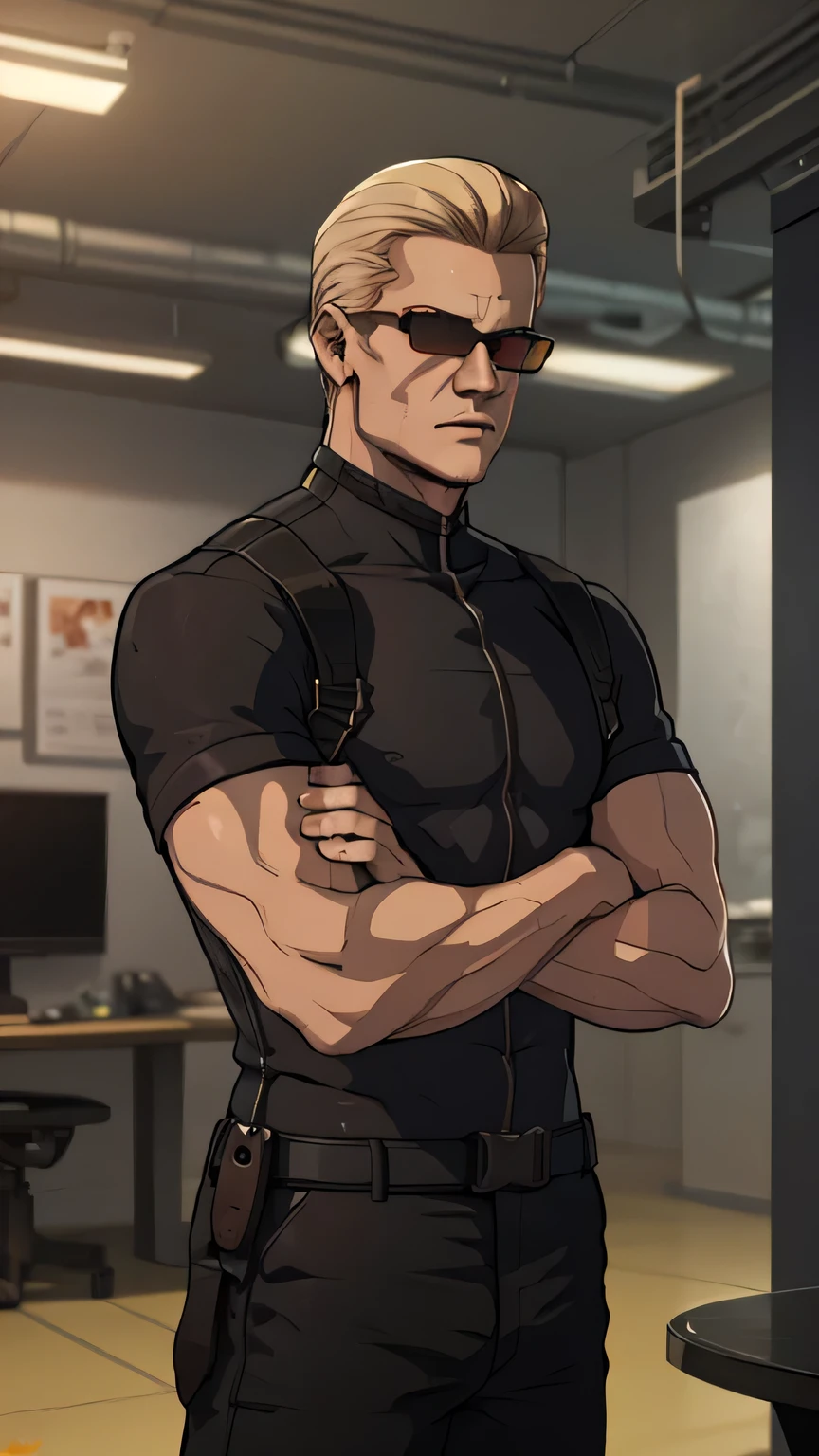 (masterpiece, best quality:1.2),  albertwesker, old, solo, shirt, 1boy, black linen shirt, holsters, sunglasses, indoors lab, crossed arms, leaning back,