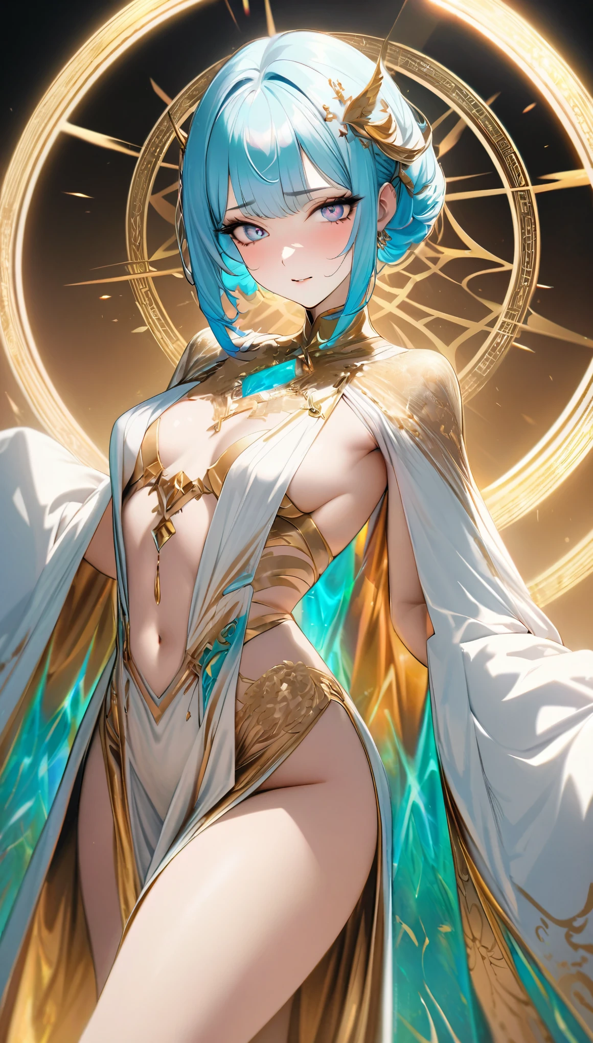 best quality, super fine, 16k, incredibly absurdres, extremely detailed, delicate and dynamic, cool and beautiful pretty goddess of goddesses, captivating look, aroused expression, tiffany blue pixie cut, wearing large robe with gold embroidery that shows little skin, superlative body proportion, red and gold iridescent magic circle, background pastel colored smoke