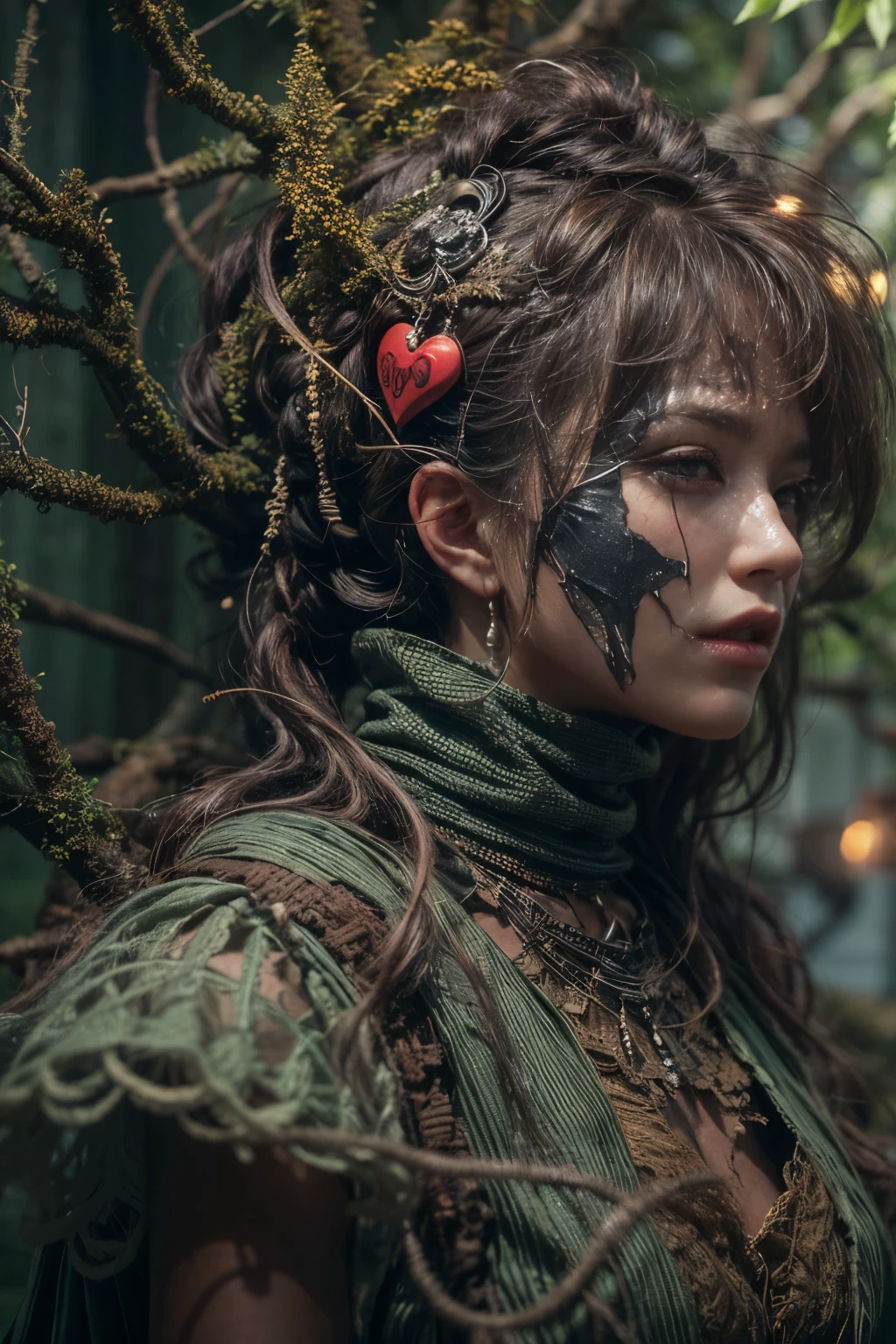 dark creepy background, (Masterpiece, BestQuality:1,3),a photo of a highly-detailed Queen Of Hearts, covered in heavily rusted, decaying, fractured, and oxidized curved metal plates with lots of old frayed wires, ridged cables and damaged metal mesh in an atmospheric otherworldly misty wonderland hedge maze landscape,8k resolution concept art portrait, dynamic lighting hyperdetailed intricately detailed Splash art trending on Artstation, triadic colors, Unreal Engine 5, volumetric lighting, gothic, high resolution, Close up portrait, ambient light, Nikon 15mm f/1.8G, Egyptian mummy, glamour, intricate and detailed environment, laces, stains, watercolor dark background, Masterpiece, ornate, depth, (((mummification )))