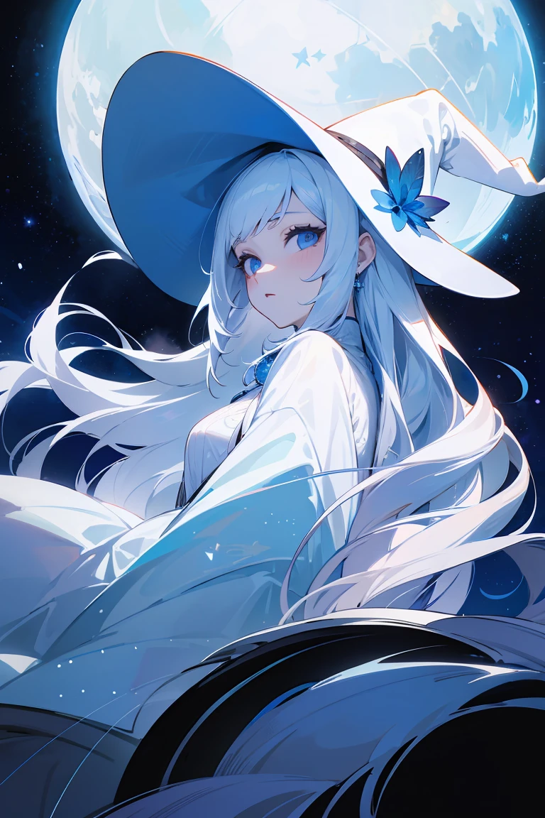 Concept: Luna, a woman, detailed, looking_at_viewer, porcelain skin, bright stars, long white hair