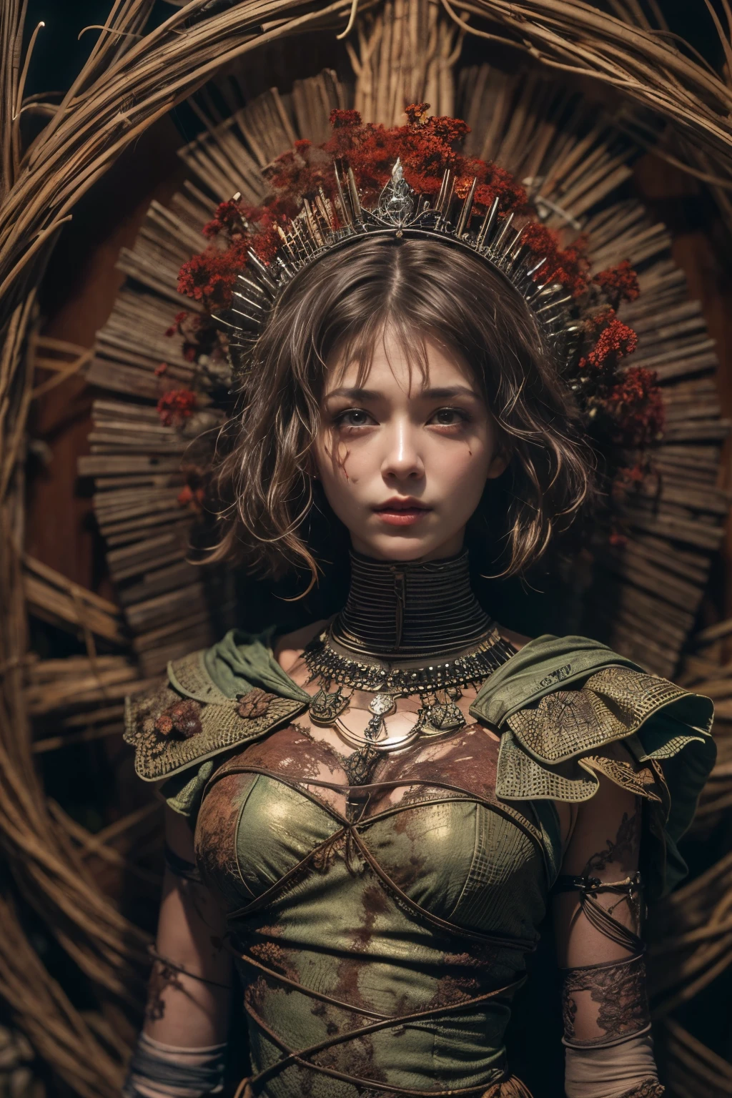 dark creepy background, (Masterpiece, BestQuality:1,3),a photo of a highly-detailed Queen Of Hearts, covered in heavily rusted, decaying, fractured, and oxidized curved metal plates with lots of old frayed wires, ridged cables and damaged metal mesh in an atmospheric otherworldly misty wonderland hedge maze landscape,8k resolution concept art portrait, dynamic lighting hyperdetailed intricately detailed Splash art trending on Artstation, triadic colors, Unreal Engine 5, volumetric lighting, gothic, high resolution, Close up portrait, ambient light, Nikon 15mm f/1.8G, Egyptian mummy, glamour, intricate and detailed environment, laces, stains, watercolor dark background, Masterpiece, ornate, depth, (((mummification )))