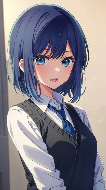 beautiful lighting, 1 girl, solo, Akane, white shirt, sweater vest, black vest, blue tie, ((anime style))、((2D))、laughter、open your mouth