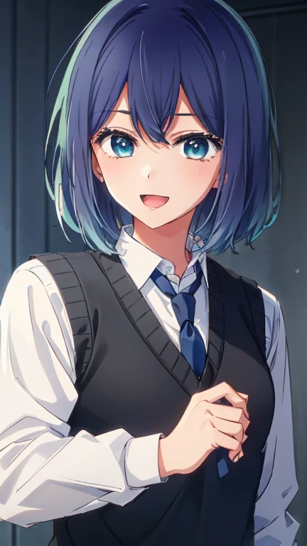 beautiful lighting, 1 girl, solo, Akane, white shirt, sweater vest, black vest, blue tie, ((anime style))、((2D))、laughter、open your mouth