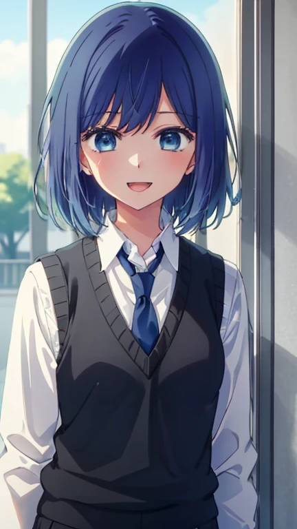 beautiful lighting, 1 girl, solo, Akane, white shirt, sweater vest, black vest, blue tie, ((anime style))、((2D))、laughter、open your mouth