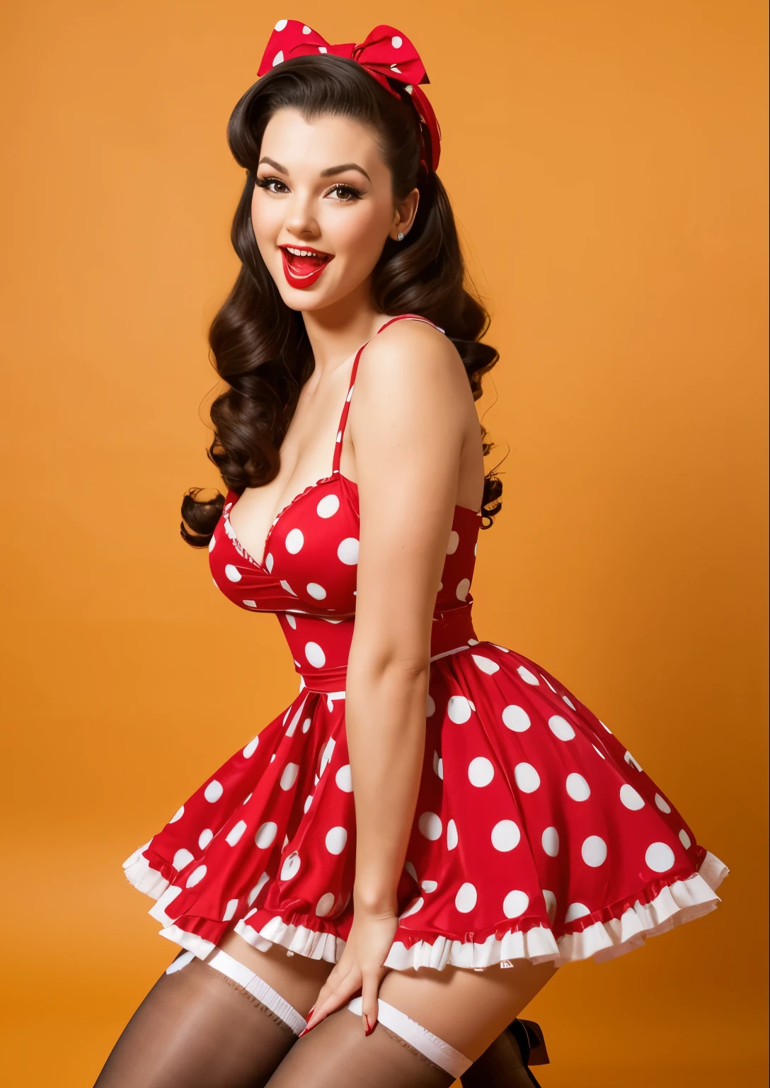 Full length photo of a girl holding a gift in her hand. realistic 35 year old sexy emotional brunette. Her lips are slightly tubular. Squinted gaze, laughs, adding mystery and sexuality. She touches her feet with surprise, taking a sexual position. The model is made in pin-up style with hair styled in victory rolls style. She has plump sexy red lips, she has average breasts and blows a sexy kiss. She portrays an American housewife, posing with a gift in various sexual positions. Her long black hair and open mouth give her the look of a pin-up girl.. She is on a white background, red retro dress with large polka dots with fluffy, voluminous ballerina skirt bouffant dress. red retro bouffant dress with polka dots in pin-up style with large polka dots, a fluffy, voluminous ballerina skirt and a tutu. A red bandana on the head., and red stockings on her legs wears a red retro dress with large polka dots with a fluffy voluminous ballerina skirt. Red bandana on head, and red stockings on my feet. The photo is made in pin-up style, emphasizing the retro-USA vibe. looks down closed eyes open mouth body turn she is sitting