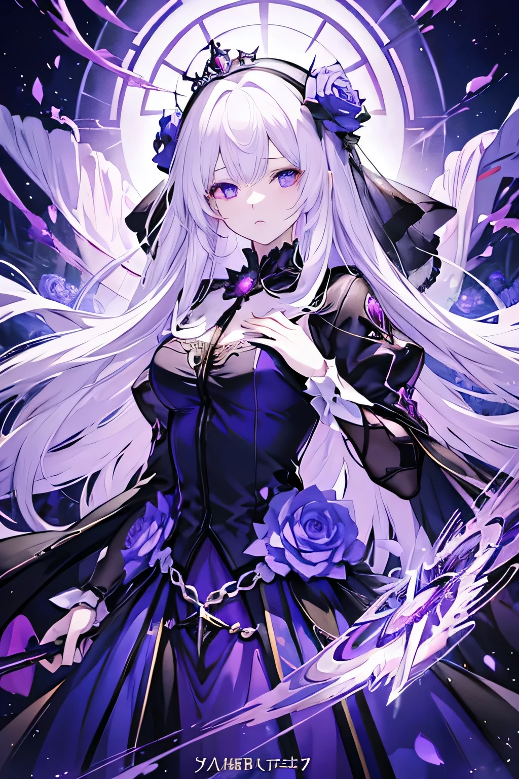 Anime girl with long hair and purple dress holding flowers, Kschaert Krentz Key Art Feminine, ((Beautiful Fantasy Empress)), Masterpiece Goddess of Sorrow, Highly detailed official artwork, Anime Goddess, White-haired God, Beautiful Fantasy Empress, Detailed Key Anime Art, queen of flowers, Official Anime Artwork, She is the Queen of the Black Roses