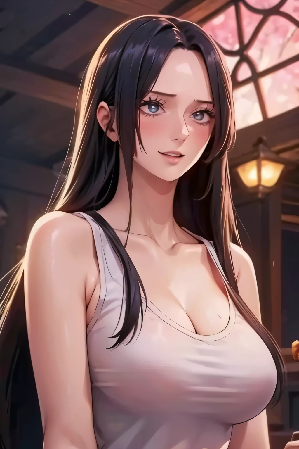 best quality, masterpiece, highly detailed,1girl, Boa Hancock, , (masterpiece:1.5), Detailed Photo, Smiling, Sexy, (8K, Best Quality: 1.4), (1girl), Beautiful Face, (anime realistic Face), (Black Hair, long Hair: 1.3), Beautiful Hairstyle, Realistic eyes, beautiful detail eyes, (white skin), beautiful skin, absurd, attractive, ultra high resolution, ultra realistic, high definition, golden ratio, (sexually aroused:1.5), Pinkish white skin, cool white light, sexy pose, Beautiful , white background, pink soft white light, Wear a white tank top