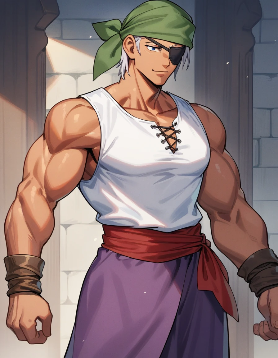 1man, muscular mature, pirate, green headscarf, gray hair, headscarf with asymmetrical bangs, blue 1eye, black eyepatch, short hair, tanned skin, tough, ordinary, forehead, asymmetrical medium bangs, ugly, BREAK solo, red waist cloth, purple arabian pants, white sleeveless shirt, loose fitting shirt, tented shirt, medieval, soft smile, in jrpg style, 1990s, masterpiece, best quality