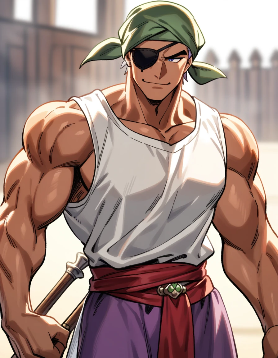 1man, muscular mature, pirate, green headscarf, gray hair, headscarf with asymmetrical bangs, blue 1eye, black eyepatch, short hair, tanned skin, tough, ordinary, forehead, asymmetrical medium bangs, ugly, BREAK solo, red waist cloth, purple arabian pants, white sleeveless shirt, loose fitting shirt, tented shirt, medieval, soft smile, in jrpg style, 1990s, masterpiece, best quality