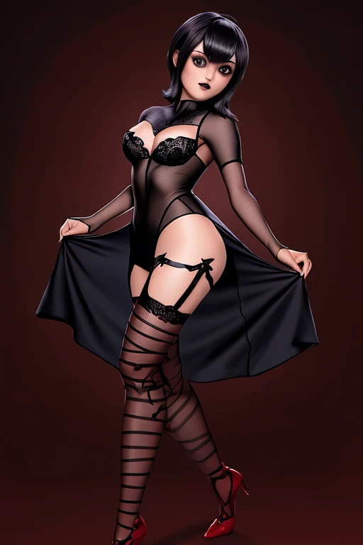 Imagen 1.2 high resolution full body, perfect huge breasts supernatural beauty gothic makeup, cabello negro corto con flequillo estilo bob, ojos azules, labios gruesos, caderas anchas y cintura delgada grandes piernas largas, lingerie, sosten diminuto negro, small thong, legwear sexys, tacones altos