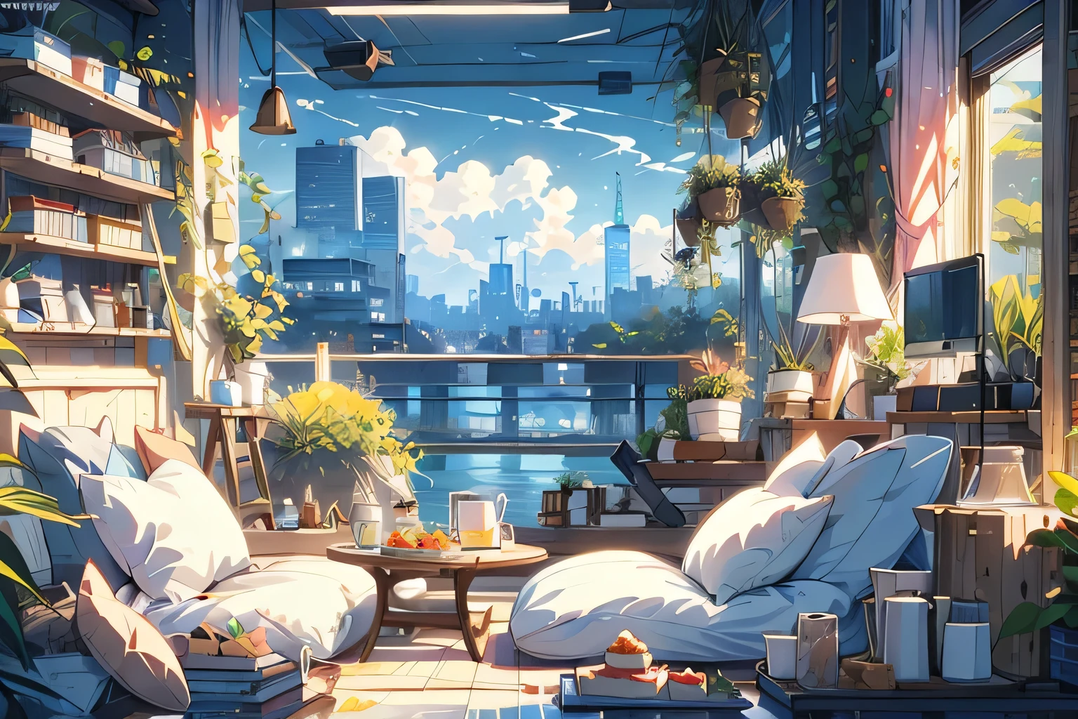 (masterpiece:1.2), highest quality,Pixiv,Pleasant animation scenes,
scenery, cityscape, city, nullscraper, building, window, cloud, null, food, indoor, computer, Book, bed, table, clock, pillow, No humans, Chair, cake, monitor, cup, dish, nullline, Lie in