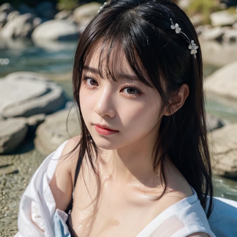 (highest quality,masterpiece:1.3,超High resolution),(Very detailed,Caustics,8k),(Realistic:1.4,RAW shooting),18-year-old,Japanese,Cute kimono,Black long hair,forward leaning posture,Waist up shot,Ultra-high definition 8K,highest quality,Very detailedな,masterpiece,Realistic,Rich details,Photographic realism,Very detailedな環境,Very detailedな照明,Very detailedな詳細,Photographic works,Painful expression,cry,目を開けてcry,(Lying in the cold river:1.5),Looking at the camera,Top view angle,,Natural light, bare skin above collarbone, Shoulder Bare Skin, masterpiece, highest quality, High resolution, View your viewers,(Face Focus:1.1),(Face close-up:1.1),Pop Idol,Kissing Face