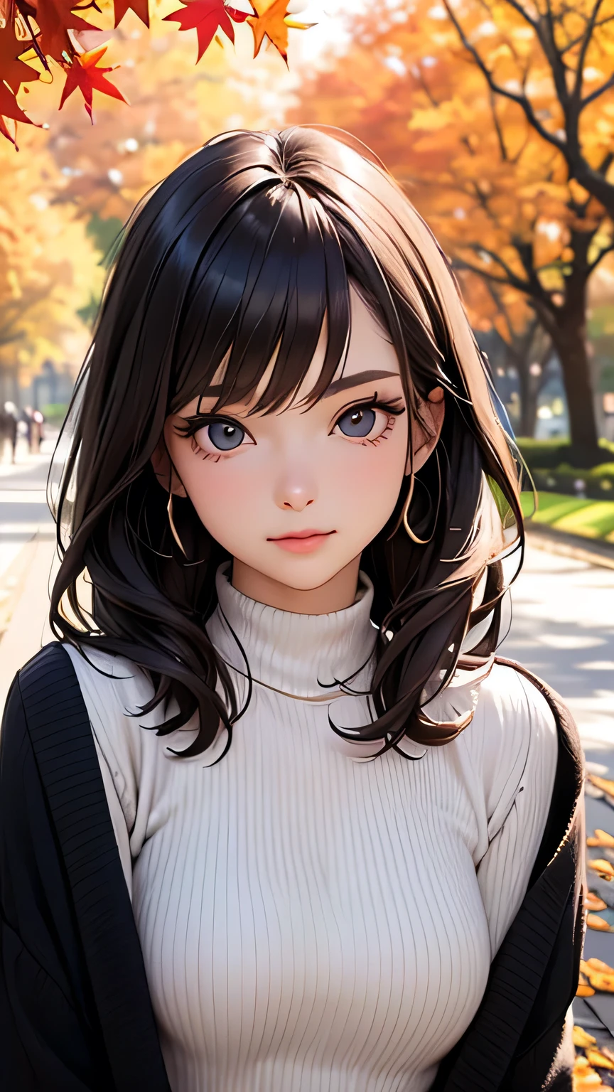 highest quality、High resolution、Detailed Background、(Beautiful face in every detail:1.4)、Anatomically correct、(Detailed facial expressions)、(Detailed eyes:1.2)、20 generation beauties、(Highly detailed face:1.4)、Brown Hair、Black Hair、Bobcut、Braided long hair、Wavy Hairstyle、well-groomed eyebrows、Cute Eye Makeup、Cute Lip Makeup、Autumn leaves around the Japanese garden and temple gate、Cute gestures、Fit on one screen、Calm atmosphere、

(A beautiful woman enjoying the beautiful autumn leaves and autumn scenery:1.5)、

Ueno Park：In a park with beautiful autumn leaves、We especially recommend the area around the pond and the iconic Tokyo Metropolitan Art Museum in Ueno.、
Meiji Jingu Gaien：This vast park features walking paths lined with ginkgo trees and beautiful autumn foliage.、
Jindaiji Temple：You can enjoy beautiful autumn foliage at this ancient temple located along the Tama River.、
generation々Tree Park：A vast park in the city center dotted with beautiful autumn foliage、
Inokashira Park：You can enjoy the autumn leaves at the pond and square in Inokashira Park.、

Choose a turtleneck sweater in a simple cof you wear a tailored jacket over it, you will have a mature look.、For your jacket, choose autumn colors or a checked pattern to make it more stylish.、Wide pants give a mature impression.、
Try pairing your dark-toned pants with a silk blouse or shirt.、
Wearing heeled boots will add a stylish touch to your outfit.、

Pleated skirts are an item that accentuates femininity.、
Balance out your autumn-colored skirt with a simple knit sweater.、For your feet, choose boots or pumps for a more elegant look.、

This knit dress with a warm autumn feel is perfect for grown-up women.、
Turtleneck and hooded designs、Wear boots or loafers on your feet.、
very beautiful